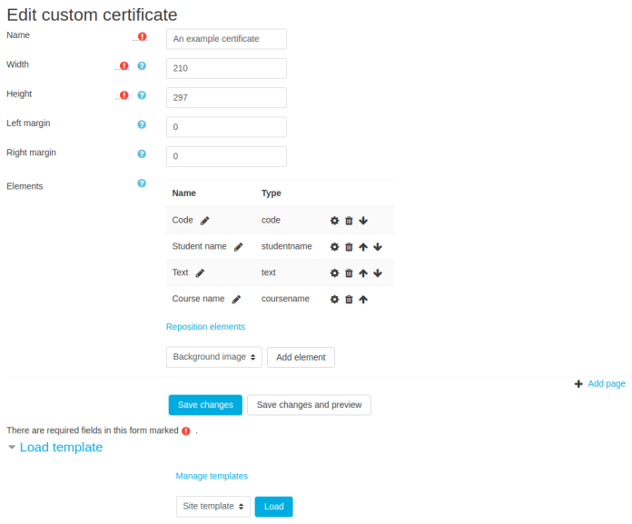 Custom certificate edit page with elements