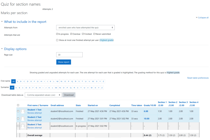 Check out the marks per section in Quiz using this Moodle plugin