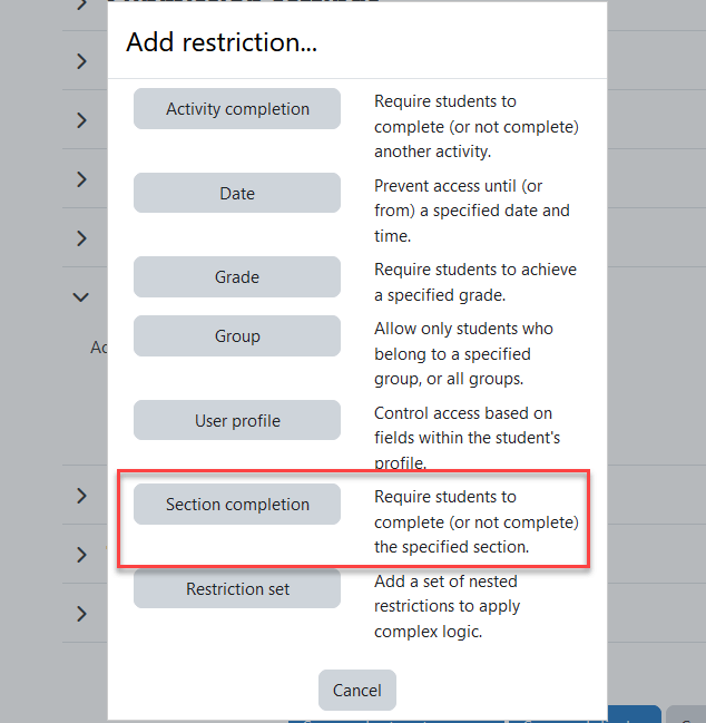 Moodle Teachers - Restriction Course Activities for Students Based On Section Completion